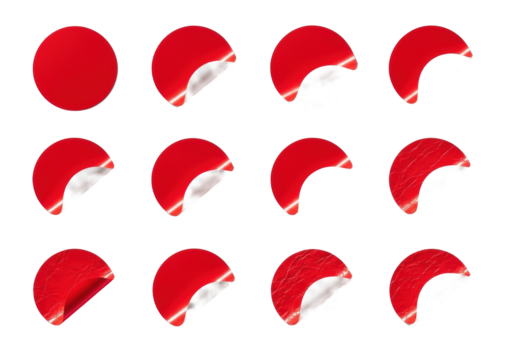 Eight vibrant red circular stickers, pristine, peeled with white adhesive, and crumpled, isolated on a transparent background, macro detail, soft shadows. Visual study of product conditions