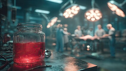 Red liquid in glass jar on operating table. Blurred surgeons and surgical instruments in the background