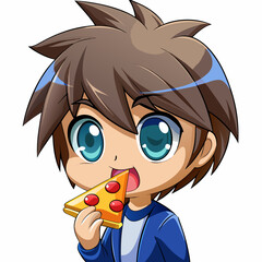Elegant Create Bold Stroke Kawaii Chibi Boy Eating Pizza Creative Visual