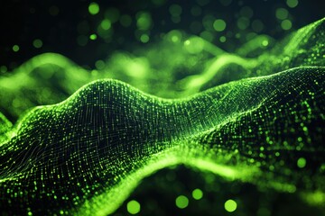 Dynamic Green Data Landscape: A Stunning Digital Wave Pattern with Luminous Particle Effects