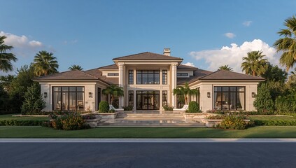 A large neoclassical residence with a symmetrical design and lush grounds