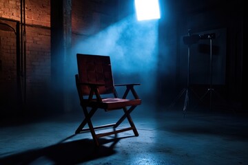 Red Director's Chair Bathed in Dramatic Blue Light on Empty Stage is ready for Filming.