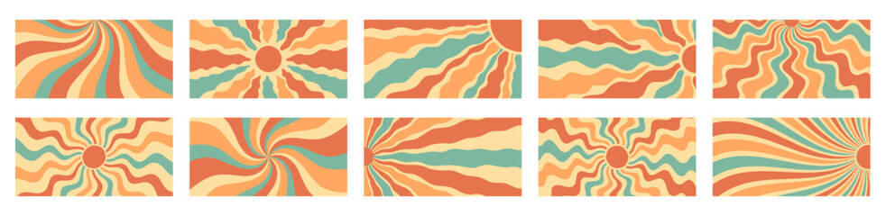 Groovy retro sun burst pattern with swirl and wave in orange and yellow set. Set of sunshine burst background in horizontal style, y2k sun ray shapes create vibrant summer atmosphere.