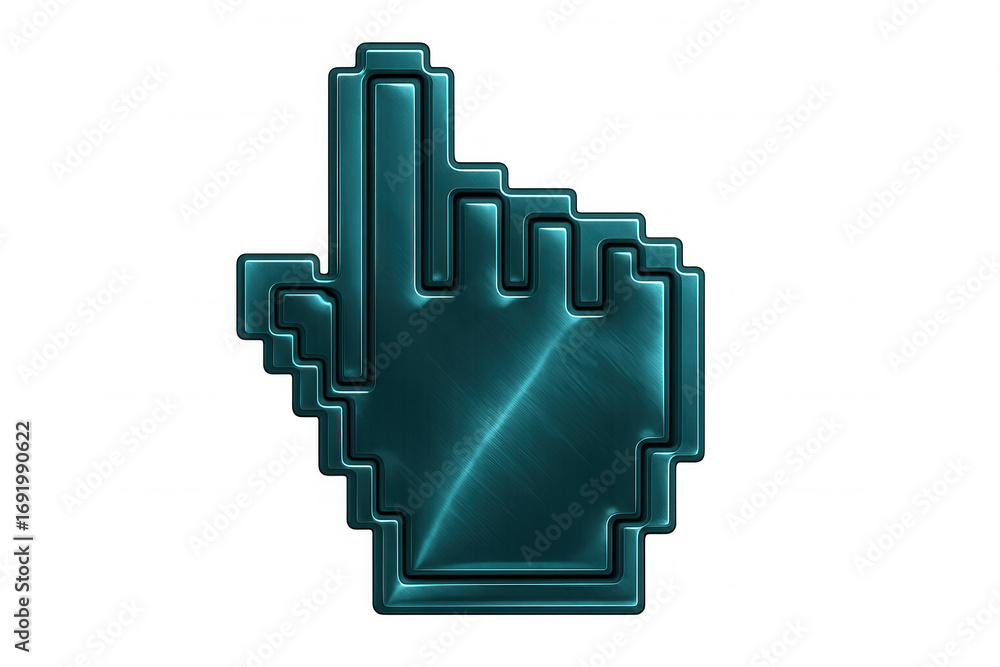 Poster glossy pixel art hand cursor indicating direction, transparent background, enhancing web design and 
