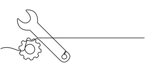 Continuous line drawing of wrench with gears. One line of mecanical wrench. Worker tool concept continuous line art. 