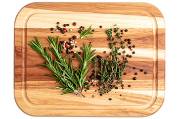 Top-Down View of Rustic Wooden Cutting Board with Fresh Herbs and Spices, isolated on a transparent background