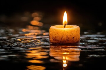 A single, warm candle flame dances above rippled water