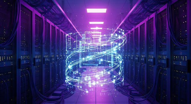 Data Center Innovation - Futuristic Network and Server Room Visualization.