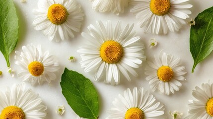 新鮮なデイジーの花を円形にアレンジし、白い花びらと黄色い中心を自然光で際立たせています。