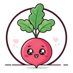 Adorable Chibi Radish Blushing and Hiding Half Underground, Cute Kawaii Vegetable Cartoon Character with Sweet Smile, Playful Healthy Food Illustration Full of Whimsical Charm