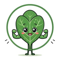 Playful Chibi Spinach Leaf Flexing Tiny Muscles, Cute Kawaii Vegetable Cartoon Character with Confident Smile, Healthy Superfood Illustration Full of Fun and Whimsical Charm