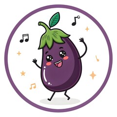 Joyful Chibi Eggplant Happily Singing, Cute Kawaii Vegetable Cartoon Character with Cheerful Expression, Playful Healthy Food Illustration Full of Music, Fun and Whimsical Charm