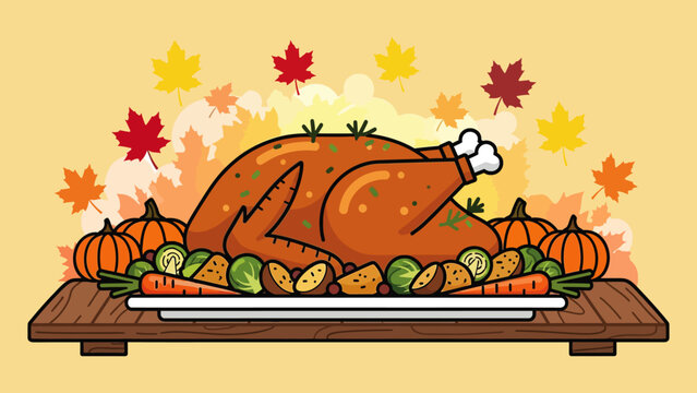 Roasted Thanksgiving Turkey with Sides with autumnal vegetables (potatoes, carrots, Brussels sprouts) on a white platter