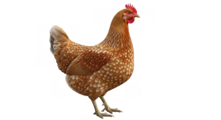 Detailed plumage study of a brown laying hen against a stark black backdrop