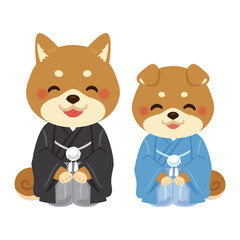 晴れ姿で笑顔な戌年のキャラクター　親子