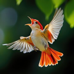 Fototapeta premium Vibrant bird in flight, wings outstretched, displaying bright orange/red tail and plumage