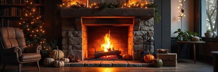 Cozy fireplace decorated with glowing embers, warm lighting, and rustic mantelpiece Perfect for autumn or winter themes, adding a touch of elegance and comfort to any home , design, holiday
