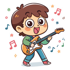Create Bold Stroke Kawaii Guitarist Boy Playing Professional Photo Suitable for Design