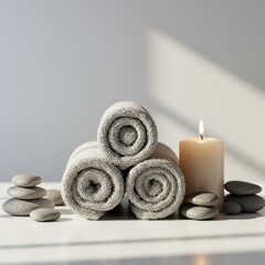 Spa and wellness scene with rolled towels lit candle and smooth stones.