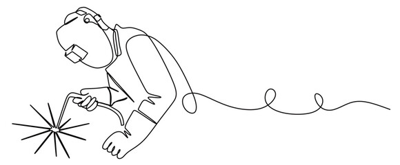 Continuous line art of a male construction worker welding and emitting sparks. Vector illustration