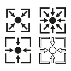 Expansion and contraction icons. Black vector graphic symbols. Directional arrow illustration. Geometric motion concept. EPS 10.