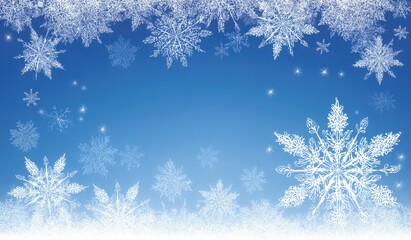 Frosted windowpane with intricate snowflakes against a blue sky