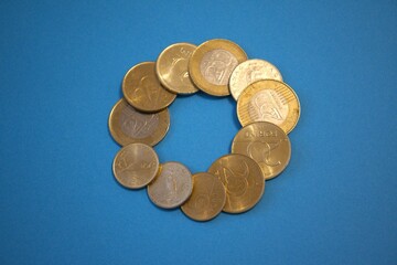 Hungarian forint coins arranged in a circle on a blue background with copy space.