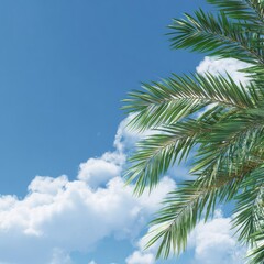 Close-up of palm fronds against a vibrant blue sky dotted with fluffy white clouds