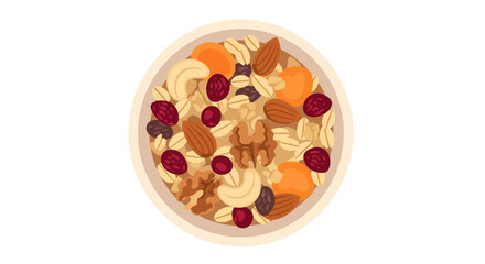 Overhead view of a bowl filled with a variety of healthy breakfast cereal mix.