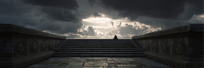 Ancient stone stairway leads to a dramatic sky.  A solitary figure sits on the top steps, facing a dramatic sky filled with dark clouds and a glimpse of sun.  Intricate carvings adorn the stone walls
