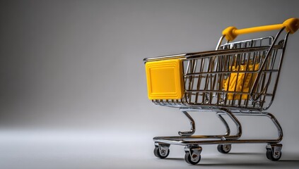 A miniature shopping cart, chrome metal frame, yellow plastic handle and base