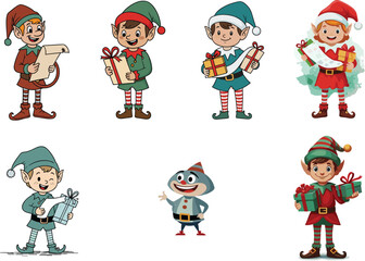 Festive Christmas elves holding gifts and decorations in cheerful poses, colorful holiday vector illustration for seasonal greeting cards and winter celebrations