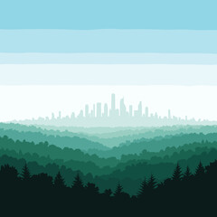 Misty distant cityscape emerging from rolling green forested hills under a pale blue sky