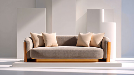 Modern Sofa with Plaid Throw and Neutral Pillows in Minimalist Setting