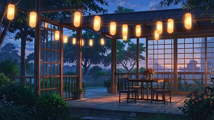 Backyard garden in anime style with hanging lanterns and wind chimes, dusk ambiance