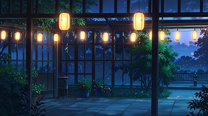 Backyard garden in anime style with hanging lanterns and wind chimes, dusk ambiance