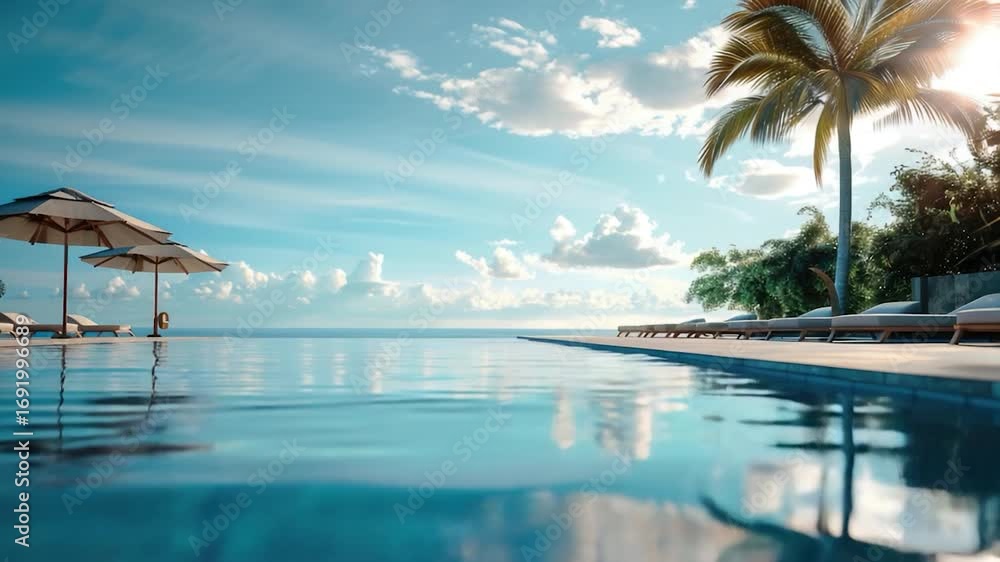 Poster aerial view of an empty pool with lounge chairs and umbrellas