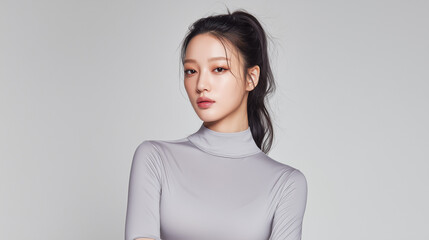 Obraz premium Korean model poses confidently in sleek gray outfit against plain backdrop