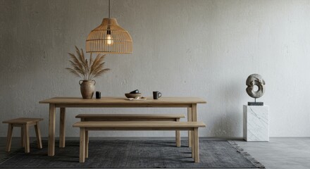 A modern bohemian dining room with a wood table.