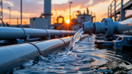 Water flowing from industrial pipeline at sunset reflecting on surface, clean energy infrastructure, water reflection, environmental technology - Powered by Adobe