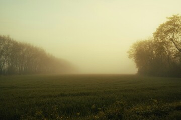mystical field with trees and fog