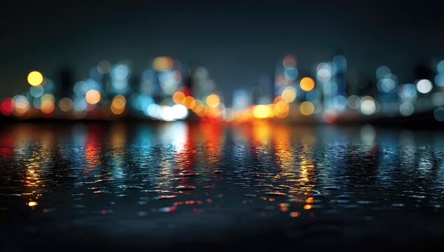Blurred city lights reflected on a dark water surface at night