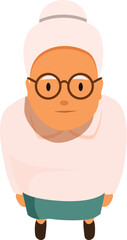 Senior woman with glasses and collected white hair, seen from above, conveying a sense of contemplation or expectation