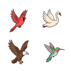 Fototapeta premium Cartoon birds cardinal, swan, eagle, and hummingbird in flight
