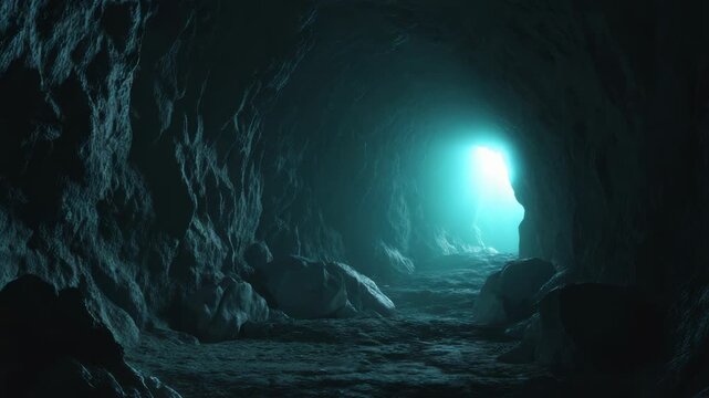 Dramatic cave interior with mysterious light illuminating the tunnel end