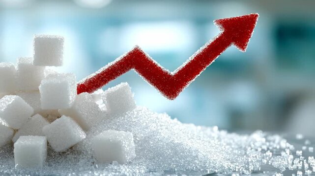 Dangerous increasing sugar intake represented by a vibrant red arrow soaring above a massive heap of sweet white cubes and fine granules a growing health risk
