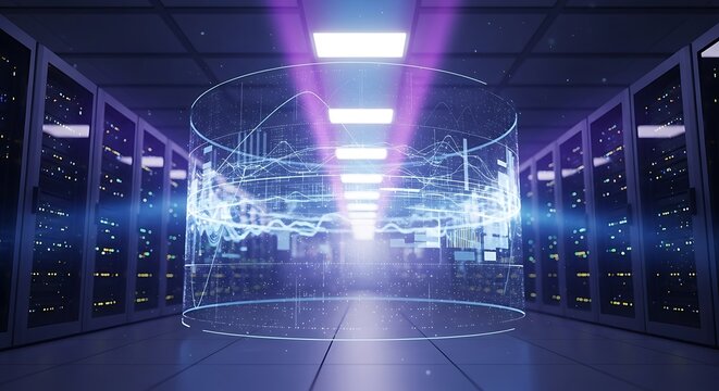 Futuristic Data Center with Holographic Display and Server Racks.