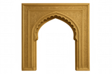 Ornate golden mughal architectural arch detail, transparent backdrop highlighting intricate islamic design heritage