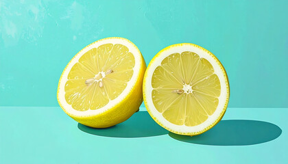 Bright and Fresh Two Sliced Lemon Halves on Turquoise Surface Still Life