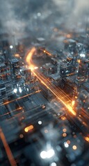 Fototapeta premium High-angle futuristic cityscape, glowing pathway. Abstract, detailed, industrial, metal structures, illuminated, dynamic